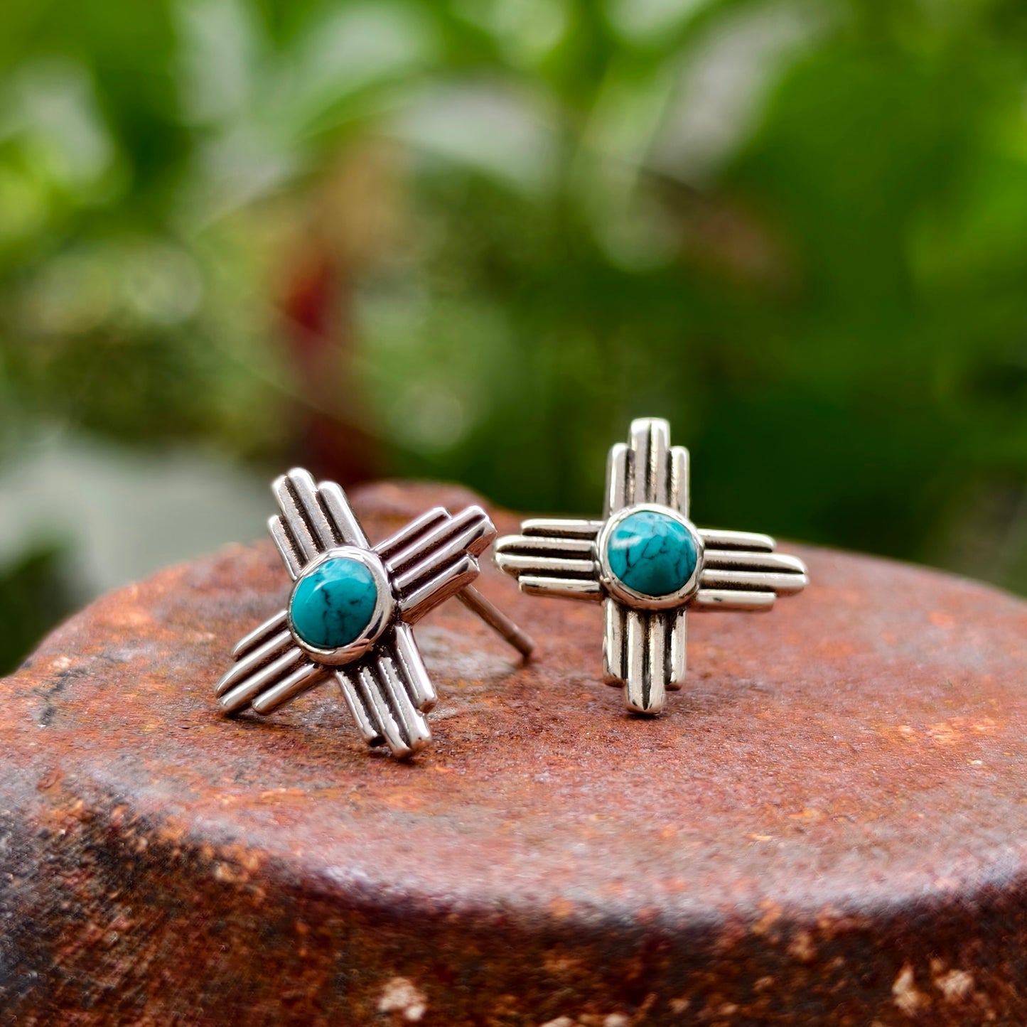 Natural Turquoise Zia Stud Earrings Sterling Silver Native American Zia Symbol Jewelry