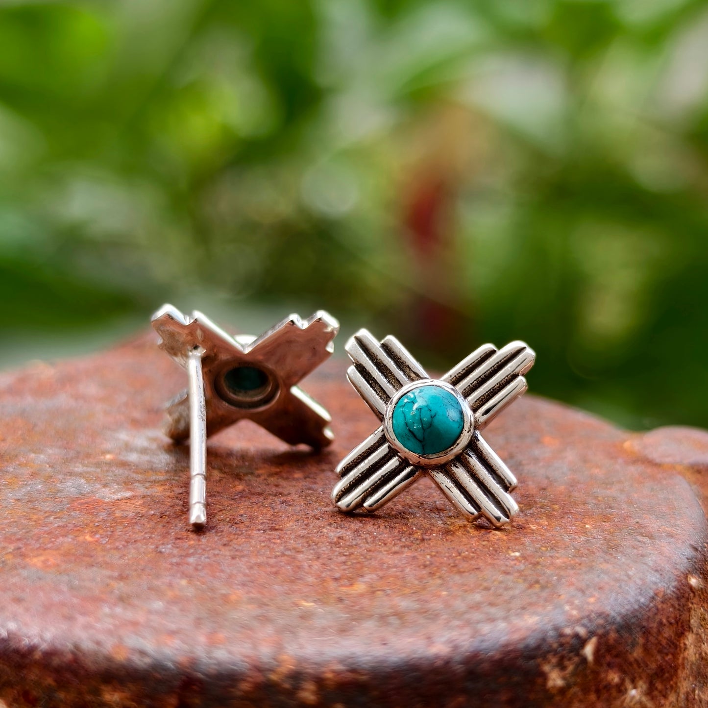 Natural Turquoise Zia Stud Earrings Sterling Silver Native American Zia Symbol Jewelry