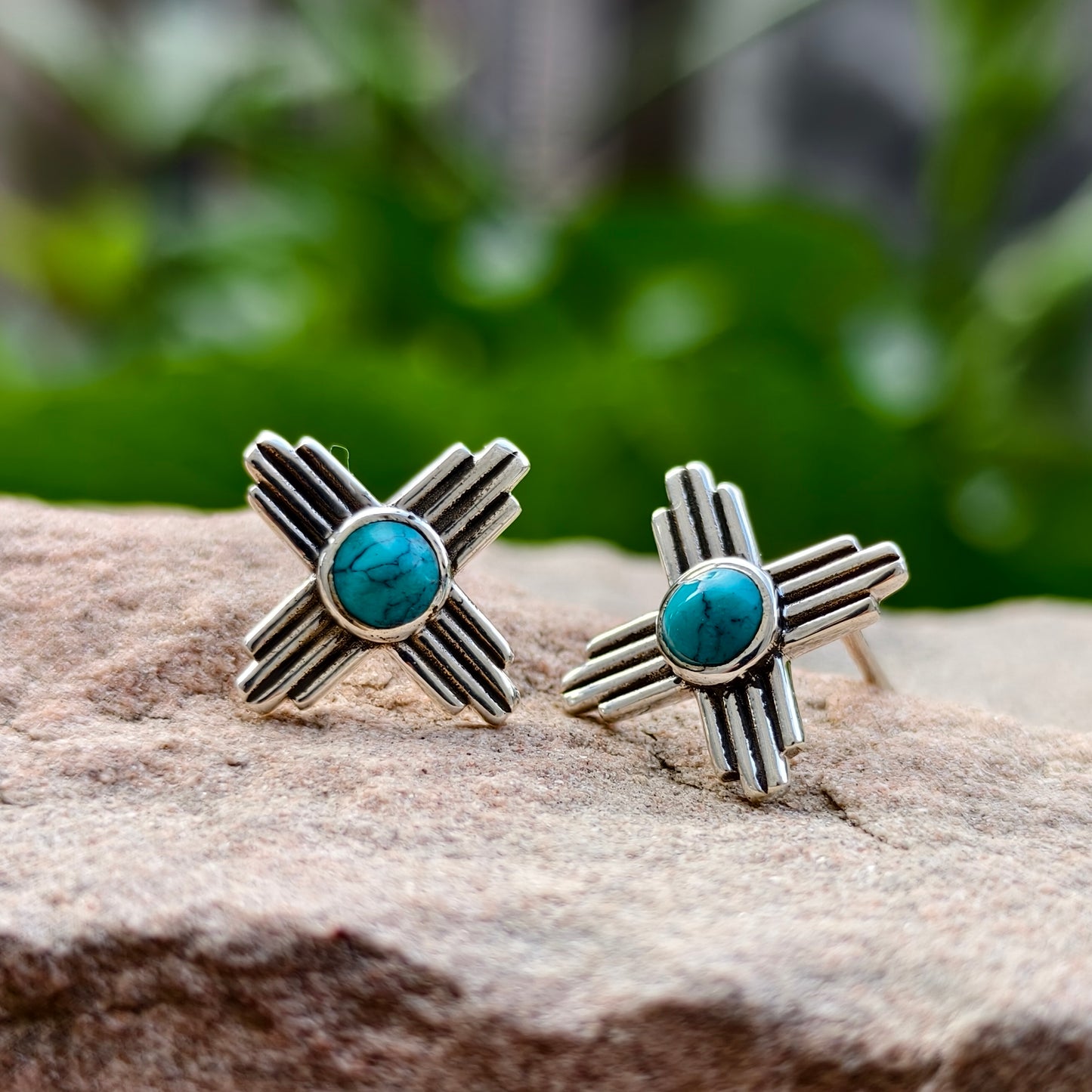 Natural Turquoise Zia Stud Earrings Sterling Silver Native American Zia Symbol Jewelry