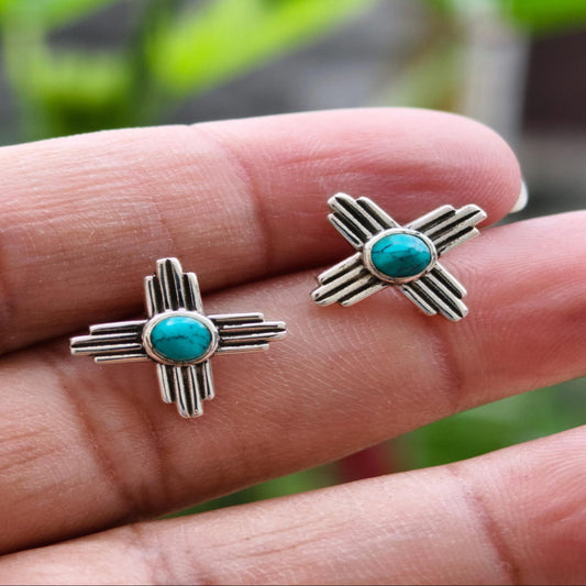 Natural Turquoise Zia Stud Earrings Sterling Silver Native American Zia Symbol Jewelry